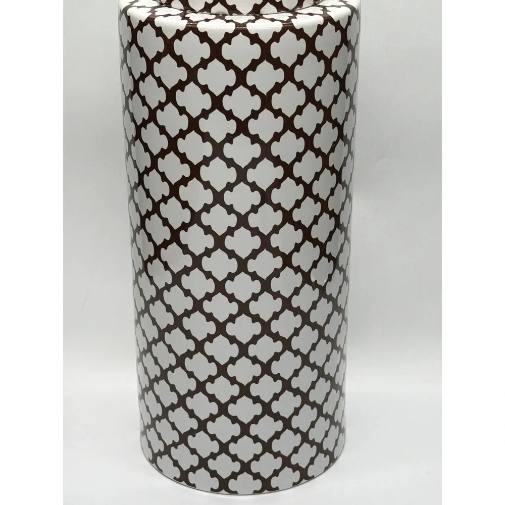 Pottery Barn Large Ceramic Decorative Canister Brown White Quatrefoil‎ 18 Inch